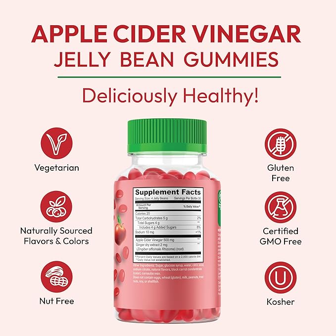 Apple Cider Vinegar Jelly Bean Gummies with The Mother and Ginger, Vegetarian Dietary Supplements for Men and Women, Digestive Health Support, 120 Apple Blast Jelly Beans, Kosher-SeraviaPure