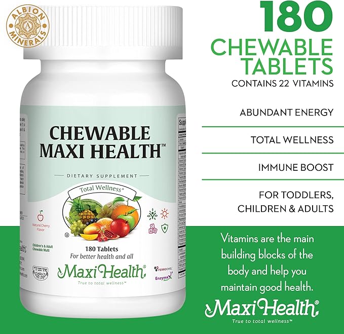Maxi Health Chewable Multivitamin for Kids, Teens and Adults - Cherry Chewable Vitamins for Adults & Children - Kosher Kids Multivitamin + Iron (180 Tablets)