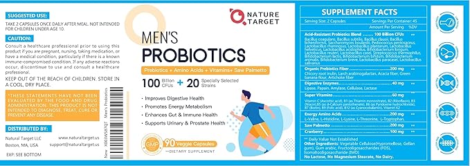 NATURE TARGET Probiotics for Men Digestive Health with Enzymes & Prebiotics, 100 Billion CFUs, Men's Probiotics with Saw Palmetto & Cranberry for Prostate & Urinary Tract Health, 90 Veggie Capsules-SeraviaPure