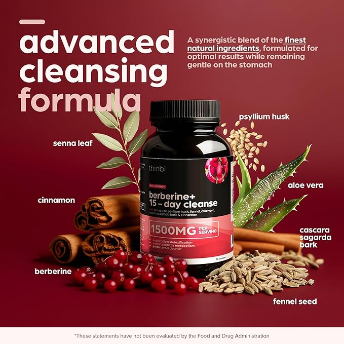GLP-1 Colon Cleanse Berberine Supplement 1500mg - 15-Day Advanced Detox for Men & Women - Extra Strength w/Senna Leaf, Fast-Acting Natural for Constipation, Gut Health & Bloating Relief - THINBI-SeraviaPure