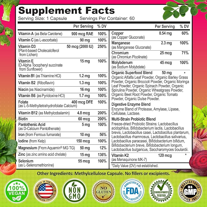 Women's Daily Multivitamin with Iron - Vegan Multivitamin for Women with Biotin, Organic Superfoods, B-Complex, Probiotics, Enzymes - Energy, Immunity, Gut Health Support - Easy to Swallow Capsules-SeraviaPure