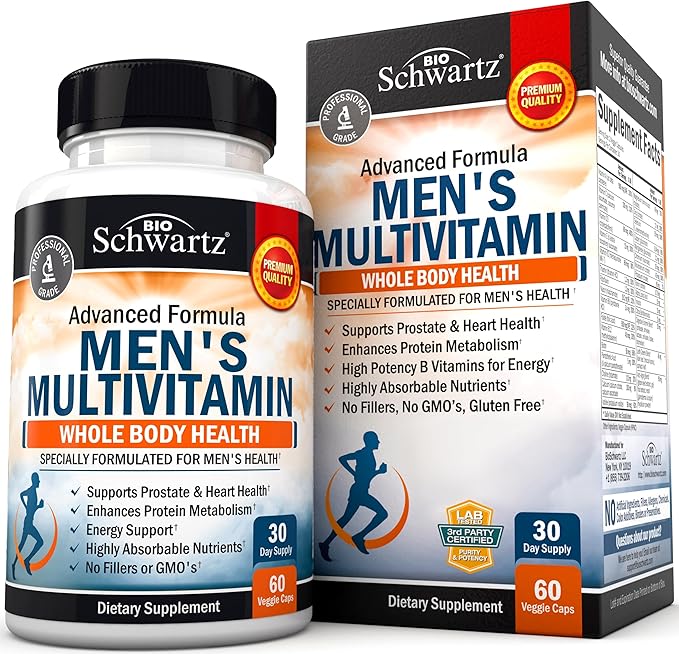 Men's Multivitamin with Vitamin C A B D3 E Zinc for Immune Support - Once Daily Supplement for Energy & Heart - Antioxidants & Digestive Enzymes for Absorption - Mental Clarity & Focus Support -60 Ct-SeraviaPure