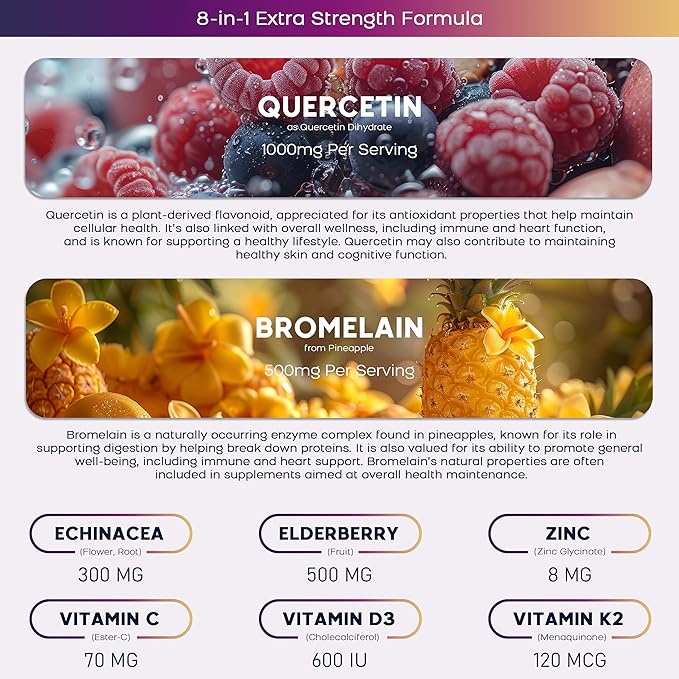 (2 Pack) Quercetin Gummies with Bromelain Zinc Elderberry Vitamin C D3 K2, Quercetin 1000mg Supplement with Bromelain 500mg for Cardiovascular, Immune System & Allergy, Vegan Gummy for Adult & Kid-SeraviaPure