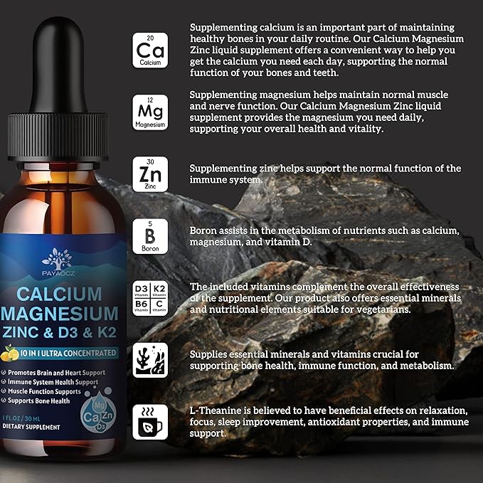 (2 Pack) 10 in 1 Magnesium Calcium Zinc Supplement with Vitamin C D3 K2, Glycinate Mag Vegan Liquid Drops Plus L-Theanine Boron Sea Moss Extract, Immune Support, Bone, Sleep & Leg Cramps, 1 Fl Oz-SeraviaPure