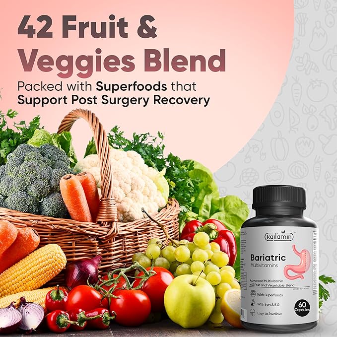 Bariatric Multivitamin with Iron - Easy-to-Swallow Capsule for Post Bariatric Surgery - Post Sleeve and Post Bypass with 42 Fruit & Veggies Blend - 60 Liquid Capsules - 1 Months’ Supply-SeraviaPure