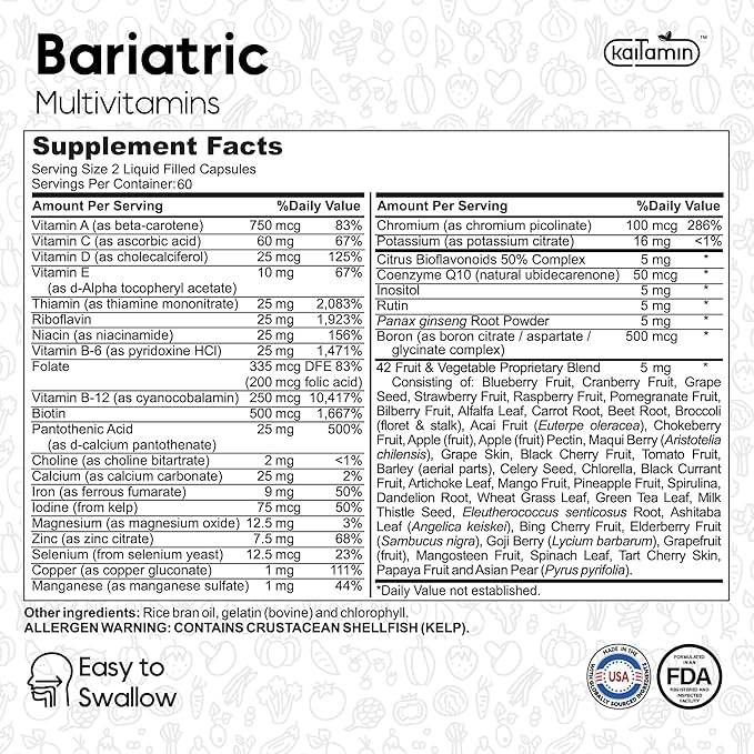 Bariatric Multivitamin with Iron for Post-Bariatric Surgery - Easy-to-Swallow Liquid Capsules with 42 Fruit & Veggie Blend - 120 Capsules, 2 Month Supply-SeraviaPure