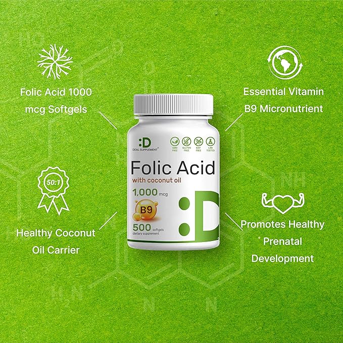 DEAL SUPPLEMENT Folic Acid 1000 mcg (1 mg), 500 Coconut Oil Softgels | Bioavailable Prenatal Vitamins (Vitamin B9) – 1,667 mcg DFE – Easy to Swallow, Non-GMO, & No Gluten-SeraviaPure