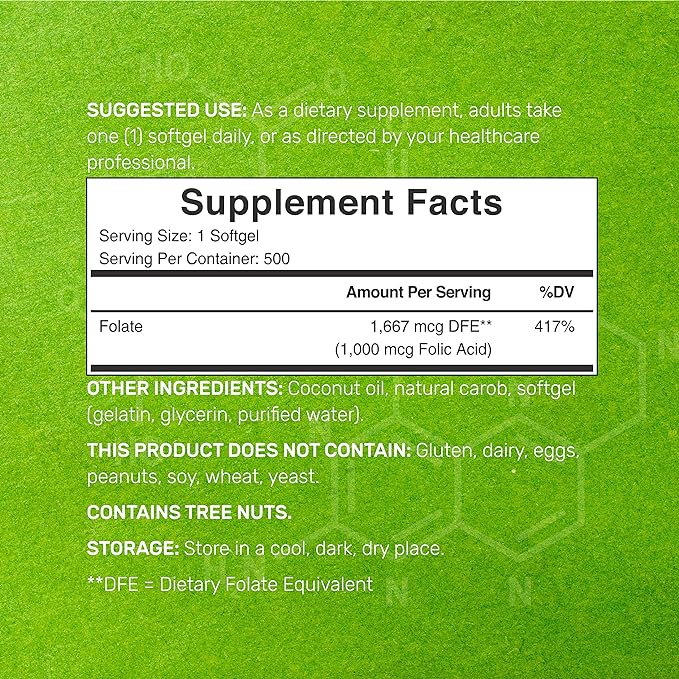 DEAL SUPPLEMENT Folic Acid 1000 mcg (1 mg), 500 Coconut Oil Softgels | Bioavailable Prenatal Vitamins (Vitamin B9) – 1,667 mcg DFE – Easy to Swallow, Non-GMO, & No Gluten-SeraviaPure