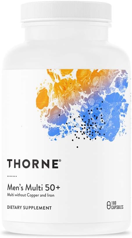 THORNE Men's Multi 50+ - Daily Multivitamin and Nutrients for Men Without Iron and Copper to Support Healthy, Active Lifestyle - Gluten-Free, Soy-Free - 180 Capsules - 30 Servings-SeraviaPure