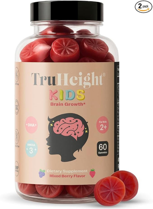 TruHeight Kids Brain Growth Gummies (Mixed Berry, Ages 2+) All Natural Kids & Toddler Vitamins - Omega-3, DHA Multivitamin - Brain & Memory Supplements - Vegan Vitamin, Gluten Free Supplement