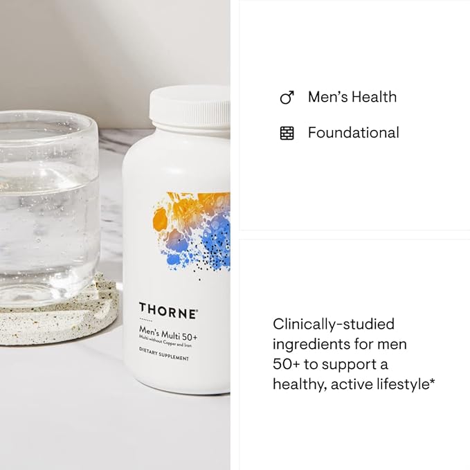 THORNE Men's Multi 50+ - Daily Multivitamin and Nutrients for Men Without Iron and Copper to Support Healthy, Active Lifestyle - Gluten-Free, Soy-Free - 180 Capsules - 30 Servings-SeraviaPure