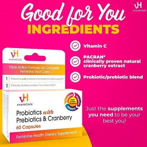 vH Essentials Probiotics for Women with Prebiotics, Cranberry & Vitamin C - 60 Capsules (30 Day Supply) - Vaginal Probiotics Support Gut Balance, Vaginal Health & Urinary Tract Health for Women-SeraviaPure
