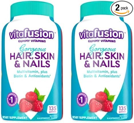 Vitafusion Gorgeous Hair, Skin & Nails Multivitamin Plus Biotin and Antioxidant Vitamins C&E, Raspberry Flavor, 135ct (45 Day Supply), from America’s Number One Gummy Vitamin Brand (Pack of 2)-SeraviaPure