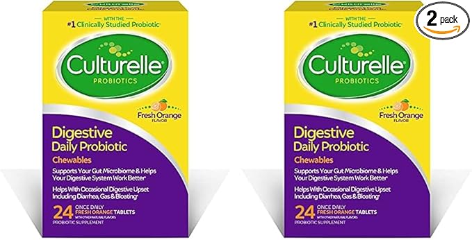 Culturelle Digestive Health Daily Probiotic Chewables, Probiotic for Men and Women, Most Clinically Studied Probiotic Strain, 10 Billion CFUs, Supports Occasional Diarrhea, Gas & Bloating, 24 Count-SeraviaPure