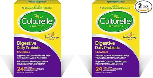 Culturelle Digestive Health Daily Probiotic Chewables, Probiotic for Men and Women, Most Clinically Studied Probiotic Strain, 10 Billion CFUs, Supports Occasional Diarrhea, Gas & Bloating, 24 Count-SeraviaPure