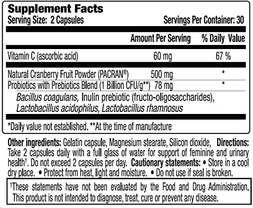 vH Essentials Probiotics for Women with Prebiotics, Cranberry & Vitamin C - 60 Capsules (30 Day Supply) - Vaginal Probiotics Support Gut Balance, Vaginal Health & Urinary Tract Health for Women-SeraviaPure