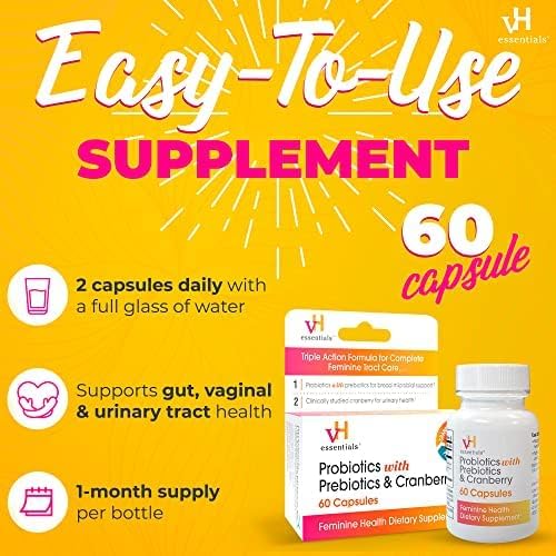 vH Essentials Probiotics for Women with Prebiotics, Cranberry & Vitamin C - 60 Capsules (30 Day Supply) - Vaginal Probiotics Support Gut Balance, Vaginal Health & Urinary Tract Health for Women-SeraviaPure