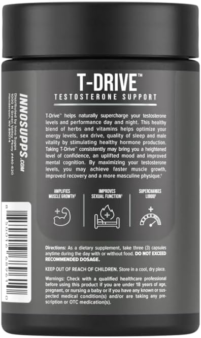 InnoSupps : T-Drive | Testosterone Booster | Amplify Muscle Growth | KSM-66 Ashwagandha, Boron, Fenugreek | 90 Capsules-SeraviaPure