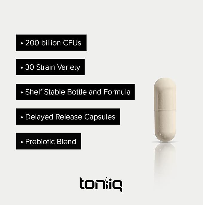 Toniiq 200 Billion CFU Probiotic Supplement 30 Verified Third-Party Tested Strains - Fully Shelf-Stable Probiotics Formula with Prebiotic Blend - Extended Release Capsules-SeraviaPure