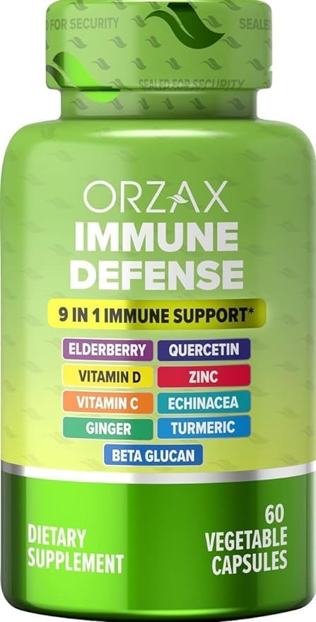 ORZAX 9 in 1 Immune Defense Booster Herbal Supplement, Specialized High Strength Formula - Vitamin C & D, Zinc, Quercetin, Turmeric & Ginger, Echinacea - Non-GMO - 60 Veggie Capsules - 30 Day Supply-SeraviaPure