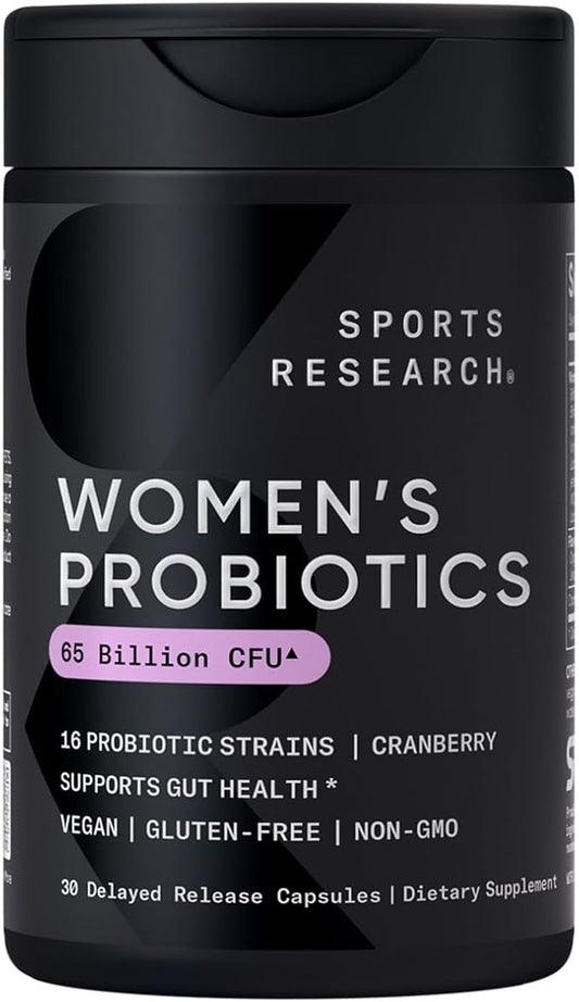 Sports Research Women's Probiotics with Prebiotics, 65 Billion CFU - Vegan Capsules for Gut Health & Digestive Support, Probiotics for Women with Cranberry - Non-GMO Verified & Gluten Free - 30 Count-SeraviaPure