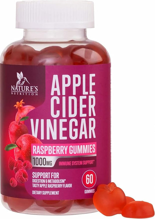 Vegan Apple Cider Vinegar Gummies 1000mg for Detox & Cleanse, ACV Gummy Vitamin B12 for Digestion Metabolism & Immune Health Support, Natural Apple Raspberry Flavor, Gluten Free - 60 Gummies-SeraviaPure