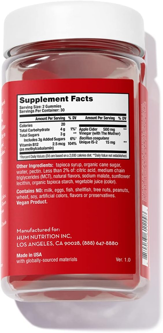 HUM Pro ACV Gummies -100% Organic Apple Cider Vinegar with The Mother, Probiotics for Digestive Health & B12 for Metabolism Support (60 Count)-SeraviaPure