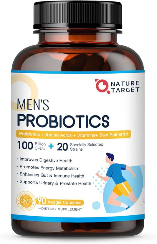 NATURE TARGET Probiotics for Men Digestive Health with Enzymes & Prebiotics, 100 Billion CFUs, Men's Probiotics with Saw Palmetto & Cranberry for Prostate & Urinary Tract Health, 90 Veggie Capsules-SeraviaPure