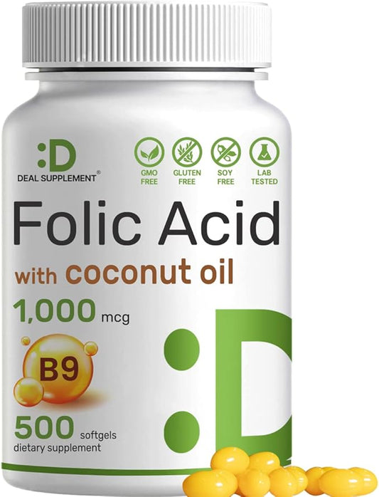 DEAL SUPPLEMENT Folic Acid 1000 mcg (1 mg), 500 Coconut Oil Softgels | Bioavailable Prenatal Vitamins (Vitamin B9) – 1,667 mcg DFE – Easy to Swallow, Non-GMO, & No Gluten-SeraviaPure