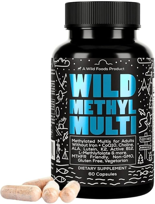 Wild Methylated Multivitamin for Women & Men | Daily Multi Vitamin | MTHFR Supplement Without Iron | Methylated B12, Folate, Vitamin C, A, K2, D, E, Choline, Biotin, ALA, CoQ10 & More (60 Capsules)-SeraviaPure