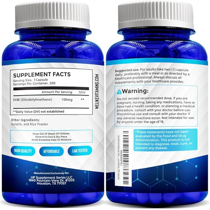 We Like Vitamins DIM 100mg 200 Capsules - 200 Day Supply - Diindolylmethane DIM Supplement for Support with Healthy Estrogen and Hormone Levels-SeraviaPure