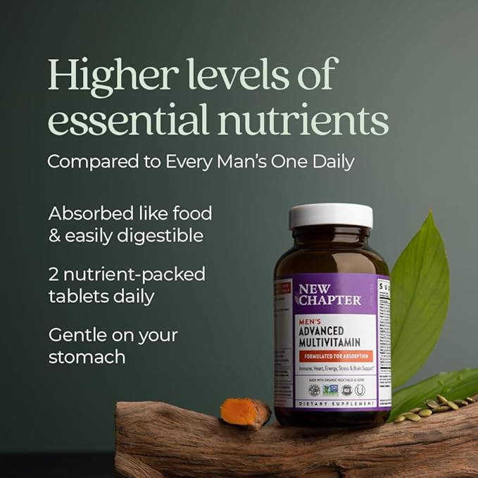 New Chapter Men's Multivitamin Advanced Formula for Stress, Brain, Immune, Heart & Energy Support, Higher Levels of Whole-Food Fermented Essential Nutrients for Men + Selenium + B Vitamins, 120 ct-SeraviaPure