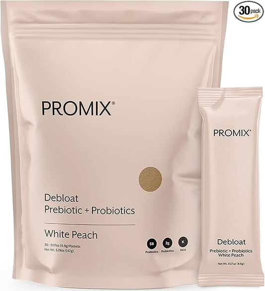 Promix Debloat Prebiotics and Probiotics for Digestive Health, Bloating Relief, Gut Health, Candida Cleanse - White Peach - 30 Count-SeraviaPure