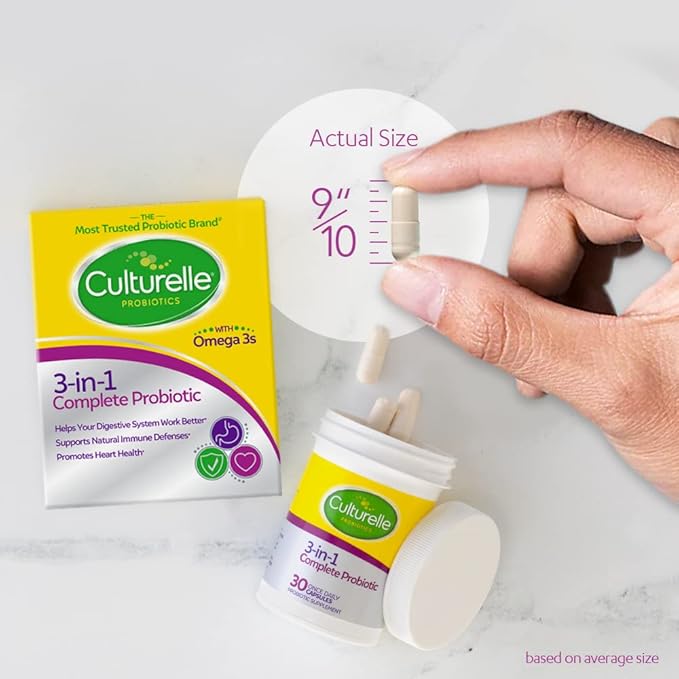 Culturelle 3-in-1 Complete Probiotic Daily Formula, Once Per Day Probiotic Supplement, Helps Your Digestive System Work Better, Supports Natural Immune Defenses, Plus Omega 3's, Non-GMO, 30 Count-SeraviaPure