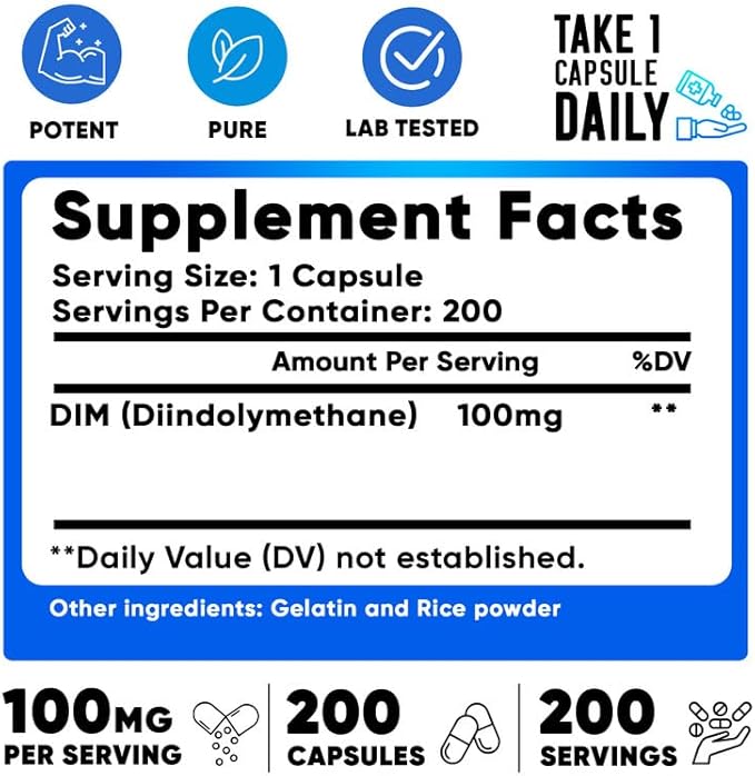 We Like Vitamins DIM 100mg 200 Capsules - 200 Day Supply - Diindolylmethane DIM Supplement for Support with Healthy Estrogen and Hormone Levels-SeraviaPure