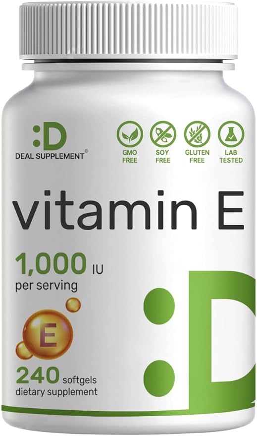 DEAL SUPPLEMENT Vitamin E Supplements, 1,000 IU Per Serving, 240 Softgels – Extra Strength Antioxidant Protection – Bioavailable Stable Form – Skin, Heart, Brain, & Immune Support – Non-GMO-SeraviaPure