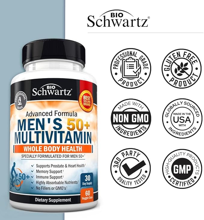 Once Daily Multivitamin for Men 50 and Over - Supplement for Heart Health Support - with Zinc, A, B, C, D3, E Vitamins - for Memory & Brain Health Support - Designed for Whole Body Health - 60 Count-SeraviaPure
