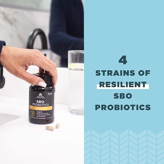 Probiotics by Ancient Nutrition, SBO Probiotics Gut Restore 60 Ct, Promotes Gut Health, Digestive and Immune Support, Gluten Free, Ancient Superfoods Blend, 25 Billion CFUs* Per Serving-SeraviaPure