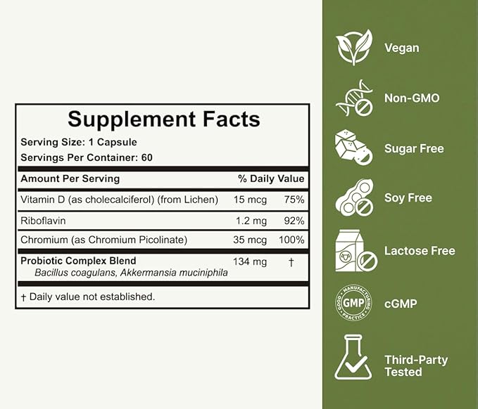 Akkermansia Probiotic for Healthy Weight - Naturally Increases GLP-1-120 Day Supply - Contains Bacillus Coagulans, Vitamins B2, D3 & Chromium - SIBO Friendly, Vegan & Gluten Free-SeraviaPure