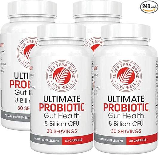 Silver Fern Brand Ultimate Probiotic 4-Pack – Probiotics for Women & Men – 8 Billion CFU Spore-Forming Gut Health Supplement – DNA Verified, Probiotic, Shelf-Stable, High Survivability – 240 Capsules-SeraviaPure