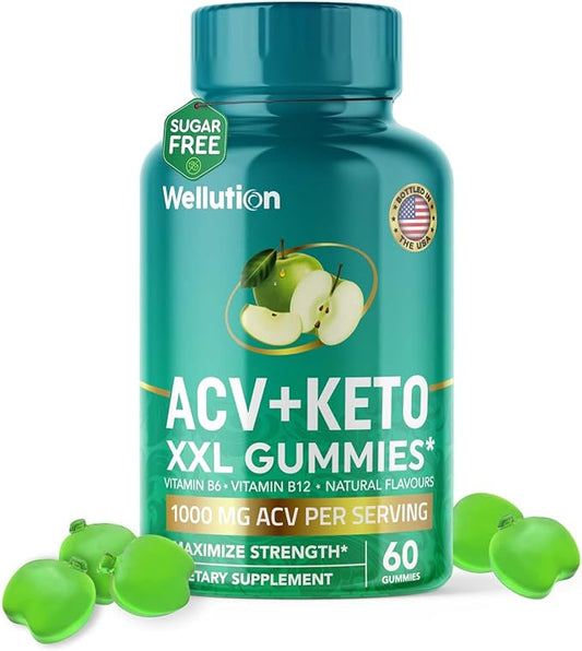 WELLUTION XXL Keto ACV Gummies: 1,000 mg, Sugar-Free, 60 Count, Aiding Digestion & Detox, Boosting Metabolism, Weight Loss Support, Apple-Flavored for Men & Women-SeraviaPure