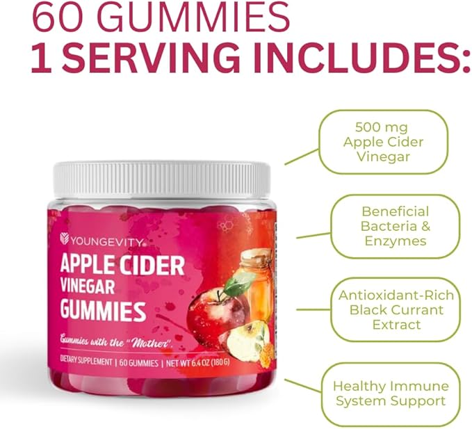 Youngevity Apple Cider Vinegar Gummies 500mg w/Raw ACV from The Mother, Detox Cleanse and Support Immunity, - 60 Gummy Vitamins-SeraviaPure