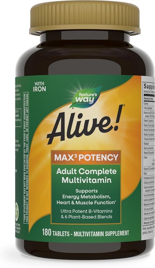 Nature's Way Alive! Max3 Potency Adult Complete Multivitamin, Ultra Potency B-vitamins to Support Energy Metabolism*, with Methylated B12 and Folate, 180 Tablets (Packaging May Vary)-SeraviaPure