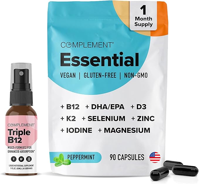 Complement Bundle- Vegan Multivitamin (90 Capsules) & Triple B12 Spray (60 Servings) - Complete Nutrition with Omega 3, Vitamins D3 K2, Zinc, Magnesium & Raspberry- Flavored B12 for Energy & Health-SeraviaPure