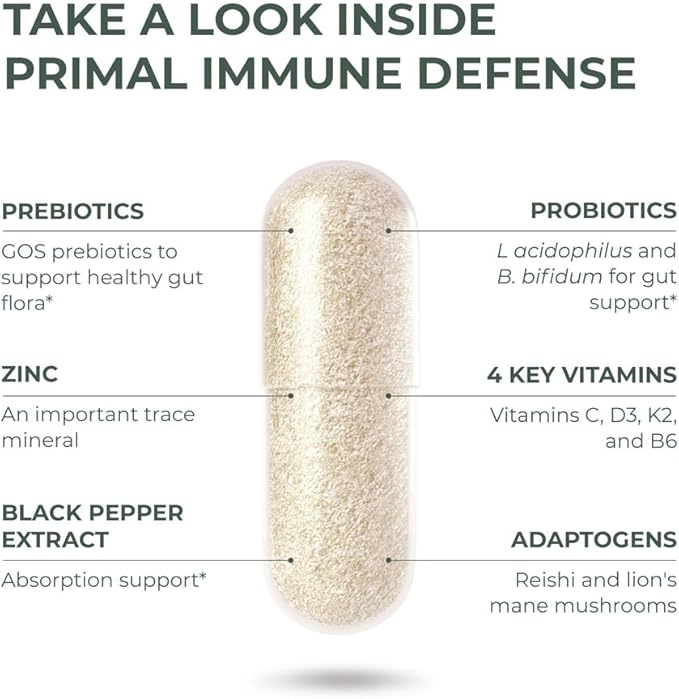 Primal Harvest Primal Immune Defense 10-in-1 Immune Defense Supplement: with 7 Billion CFU Probiotics, Zinc, Vitamins C, B6, D3, K2 - Immune Boosters for Adults 60 Capsules (1 Pack)-SeraviaPure