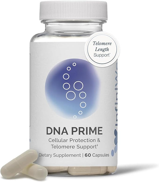 InfiniWell DNA Prime Advanced Telomere Supplements for Mitochondrial Support, Healthy Aging & Cellular Renewal - with ac-11, Activated Bromelain, Cat's Claw, Buckwheat Peptides & More (60 Capsules)