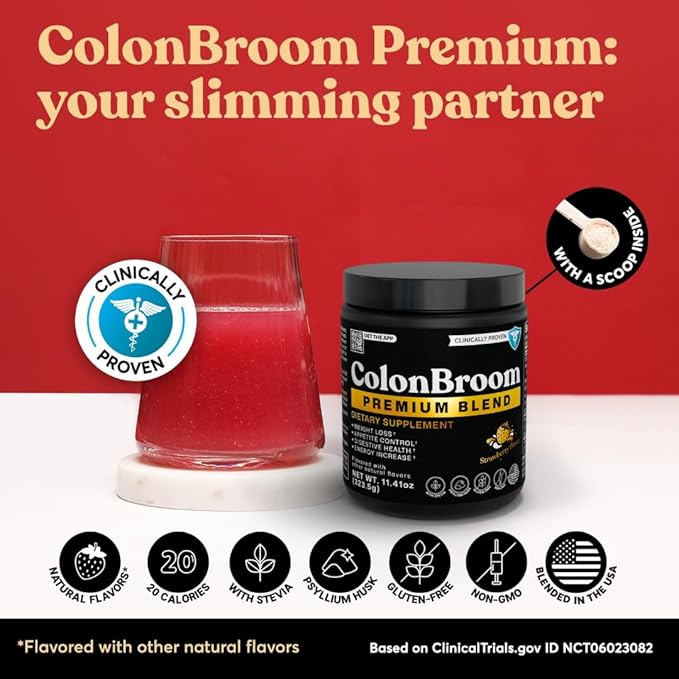 ColonBroom Premium Weight Management Supplement (Strawberry) - Colon Broom Psyllium Husk Fiber Powder Drink - Gluten Free, Non-GMO Colon Cleanse for Bloating Relief & Gut Health, 100 Servings-SeraviaPure