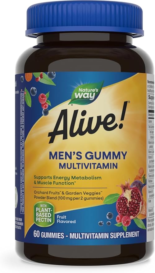 Nature's Way Alive! Men's Daily Gummy Multivitamin, Supports Energy Metabolism*, Muscle Function*, B-Vitamins, B-Vitamins, Gluten-Free, Vegetarian, Fruit Flavored, 60 Gummies (Packaging May Vary)-SeraviaPure