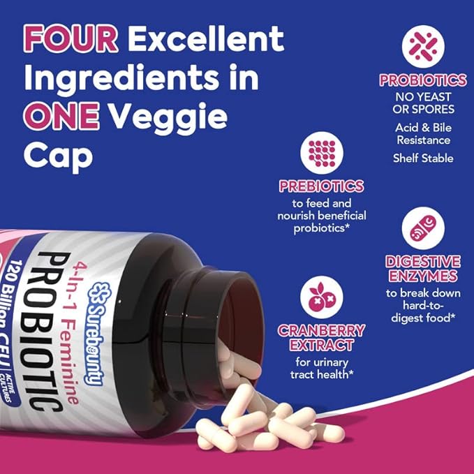 Probiotics for Women, 120 Billion CFU 34 Strains, Prebiotics, Digestive Enzymes, Cranberry, 4-in-1 Feminine Probiotic, Digestive, Vaginal, Immune Support, 30ct-SeraviaPure
