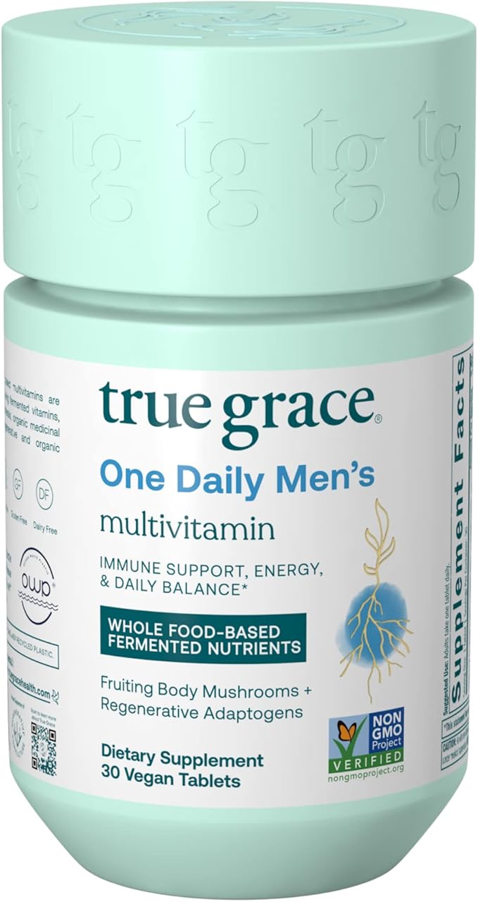 True Grace One Daily Men’s Multivitamin Fermented Minerals, Organic Adaptogens & Mushrooms Whole Body Balance Immune, Endurance, Bone & Heart Support - Non-GMO, Gluten Free - 30 Vegan Tablets-SeraviaPure